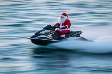 Action-Packed Santa Claus Jet Skiing, Creating a Wave of Water as He Rides in Full Festive Gear. Generative AI