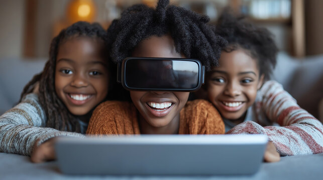 Three happy children enjoying a shared virtual reality experience, capturing the joy of technology and connection in a modern family setting