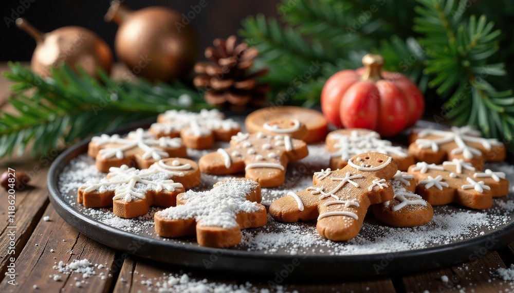 Wall mural An assortment of handcrafted gingerbread treats displayed on a rustic wooden table amidst a winter wonderland scene with pinecones and evergreen branches, rustic, winter