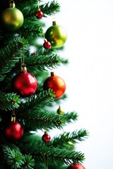 Evergreen tree branches covered in colorful glass ornaments, festive tree, tree decorations