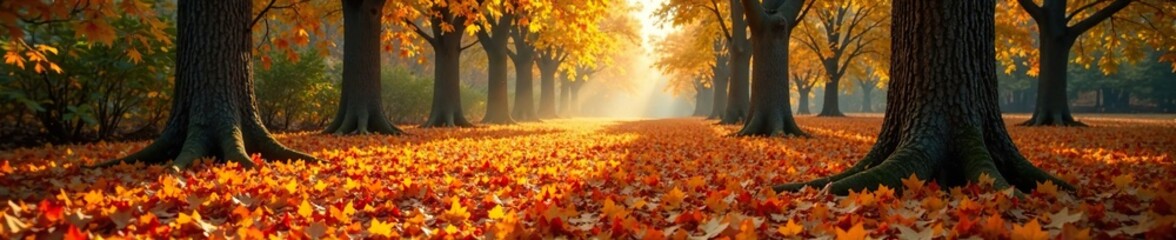 A carpet of fallen leaves blankets the ground in an oak forest, fall leaves, autumnal colors