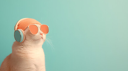 
portrait of a cat with Headphones, valentine vibe symmetrical, sunglasses, vibing, illustration, adobe illustrator, aesthetic with copy space