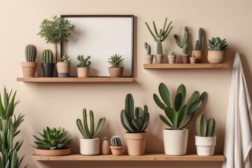 living room with vintage retro shelf, a lot of house plants