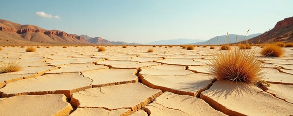 a cracked area in the arid landscape with a few remaining plants, sandy soil, arid plant life on cracked ground, desert scenery