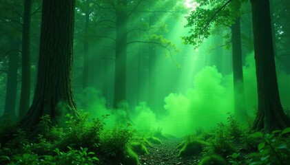Fototapeta premium Glowing green dust fills the air in a mystical forest, haunting, enchanting, surreal