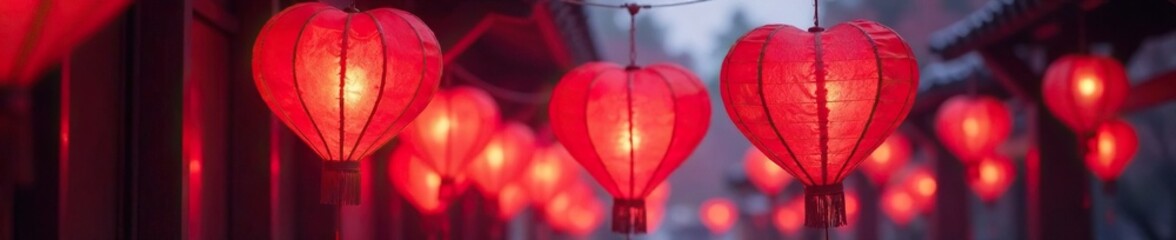 Obraz premium Red heart lanterns hung from a violet wooden beam, lanterns, warm lighting