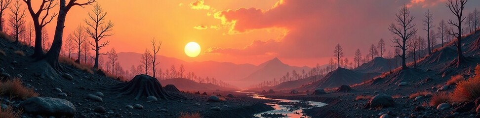 Fototapeta premium Scorched earth landscape with charred trees and twisted metal wreckage, barren ground, toxic waste