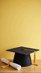 Simple graduation scene with beige wall and gold cap on wooden table, diploma, graduation