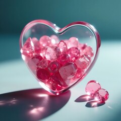 Heart-shaped glass bottle filled with shimmering pink crystals, heart shape, soft focus