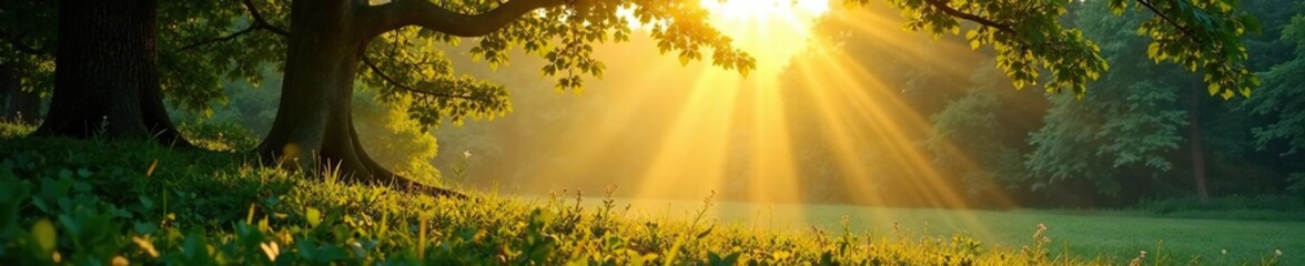 Softly glowing sunlight filters through the canopy, landscape, nature