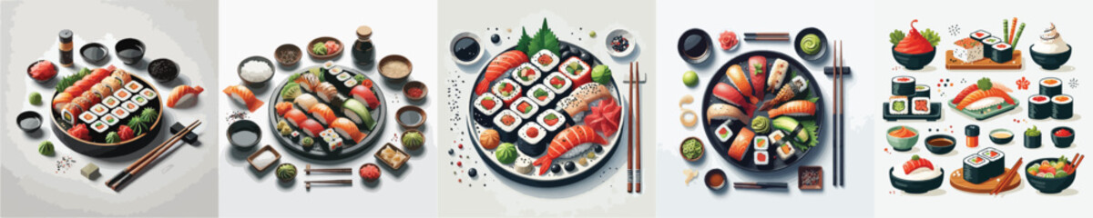 vector set of very delicious sushi dishes