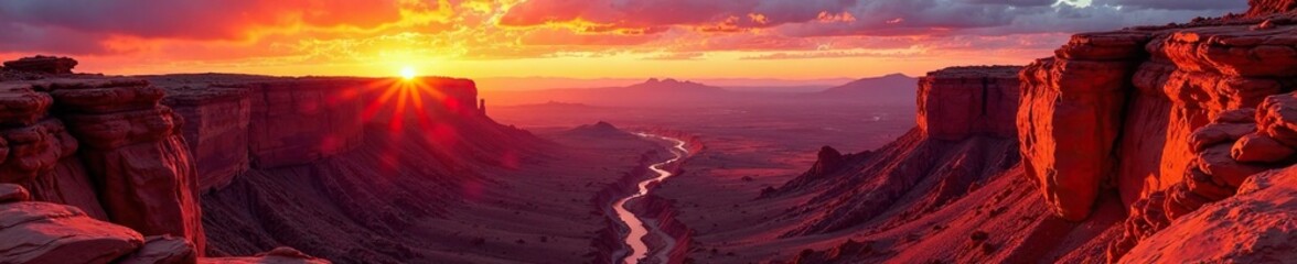 Fiery canyon at sunset with red rock formations, rugged terrain, landscape, canyon
