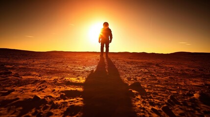 Fototapeta premium A Person Standing in the Middle of a Desert With the Sun in the Background - Generative AI