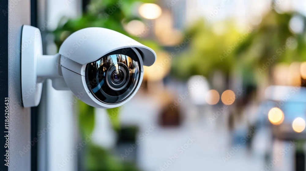 Poster security camera mounted on wall with blurred background of urban environment and soft lights