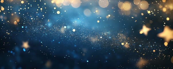Obraz premium Christmas decorations, sparkling stars, festive ambiance with blue and gold bokeh background, holiday celebration mood, inviting and cheerful atmosphere, perfect for seasonal themes and