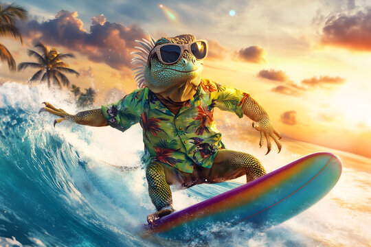 Iguana Surfer Riding Ocean Wave