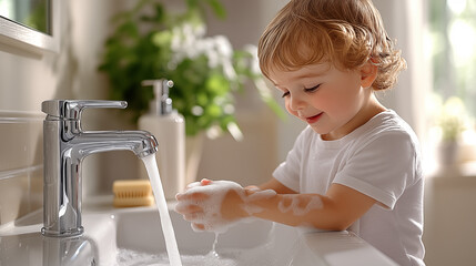 Cute little boy washing hands with soap and water in bathroom at home