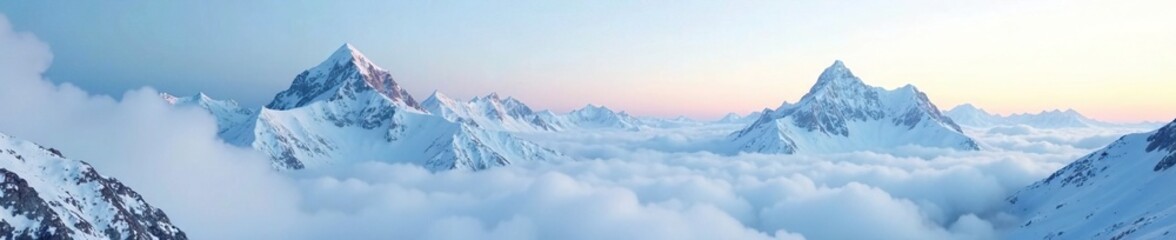 Obraz premium Snowy mountain peaks shrouded in mist and cloud, landscape, serene, snow