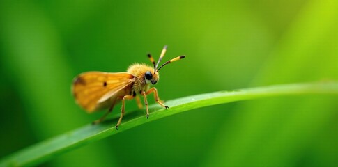 Naklejka premium A tiny moth with feathery antennae rests on a blade of grass, grass, blades, macro