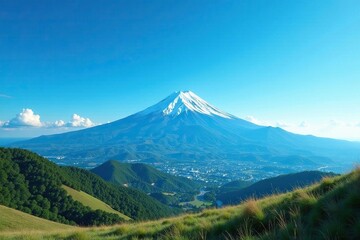 Naklejka premium Wide landscape of Mt Fuji against a clear blue sky with gentle hills in the foreground, Sky, Clouds