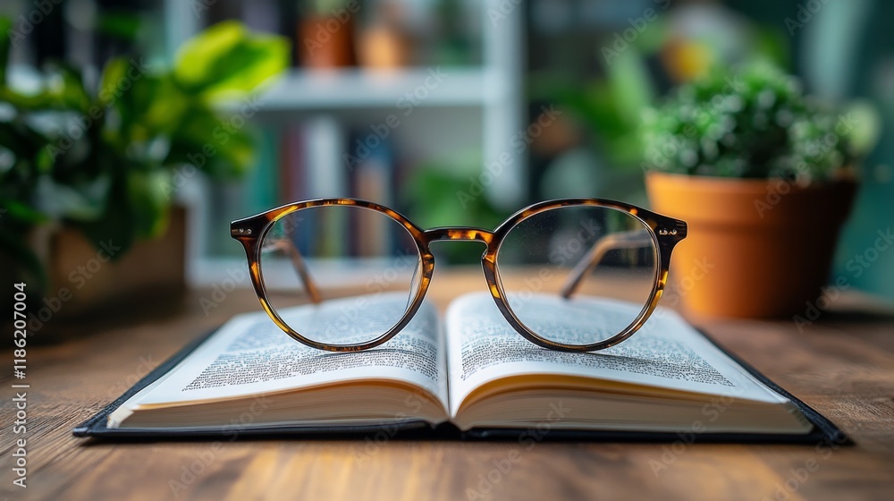 Aufkleber glasses resting on an open book with a marble texture background in a cozy reading space
