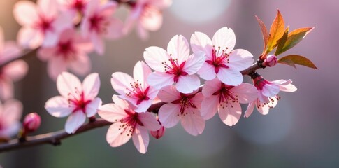 Obraz premium Soft pink blossoms gently sway on a tree branch, petals, blooming