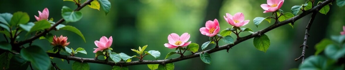 Obraz premium Overgrown branches with delicate pink flowers and leaves in the undergrowth, dark branch, woodland