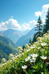 Clusters of small white flowers against a blue sky, alpine gardens, hillside