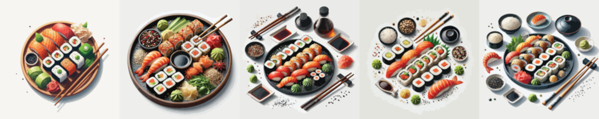 vector set of very delicious sushi dishes