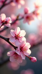 Obraz premium Soft pink blossoms unfurl on bare branches in gentle morning light , delicate, blooming, sakura