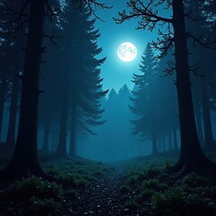 Glowing moon light illuminating a misty forest landscape at dusk, forest, eerie