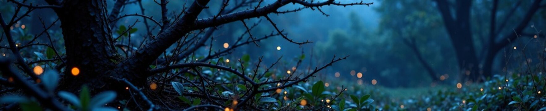 A dense thicket of blackthorn bushes with dark twisted branches, night scene,