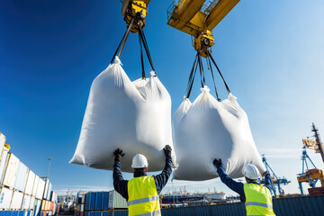 Dockers handling big bags from crane in a port terminal