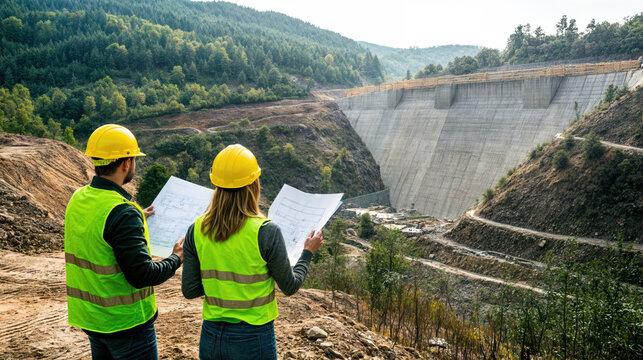 Engineers reading blueprint while inspecting dam construction site