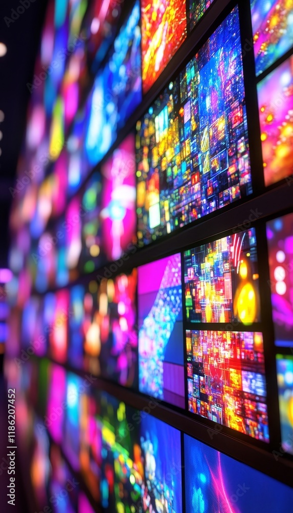 Poster wall of digital displays with abstract video feeds, data streams, and colorful visuals