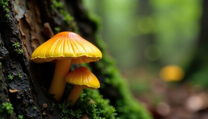 Saffron milk caps nestled in the crevices of tree bark, fungus, forest, organic