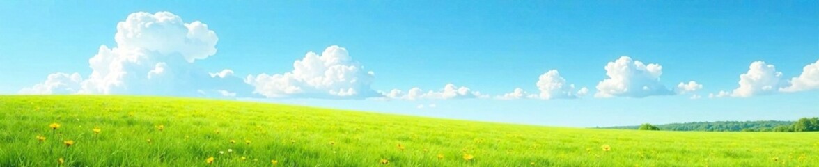 Fototapeta premium Light blue sky with few high-level clouds and a sunny meadow below, , meadow, peaceful