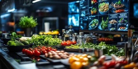 Fototapeta premium A futuristic kitchen with holographic displays and fresh produce, symbolizing smart home advancements.