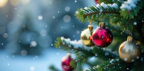 A delicate snowflake gently falls on a small fir tree with brightly colored ornaments hanging from its branches, branches, icy