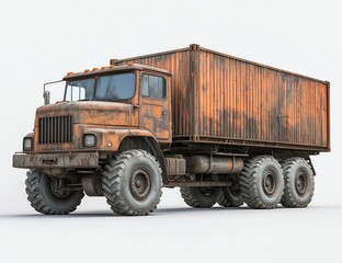Obraz premium Rusty Vintage Cargo Truck with Container, Off-Road Heavy Duty Vehicle, 3D Render, Old and Weathered
