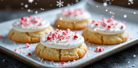 Snowflakes falling on a tray of iced sugar cookies with peppermint sprinkles, snowy, baking, treats