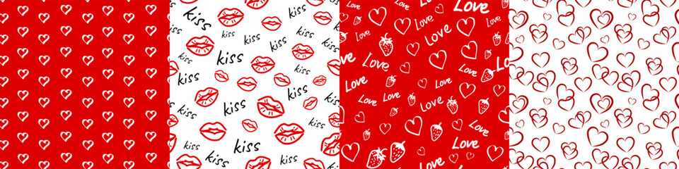 seamless valentine backgrounds set, vector illustration of a repeating pattern with hearts, kisses, strawberry. An endless texture for backdrop, greeting, invitation, fabric, wallpaper, packaging