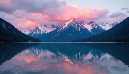 Serene lake at dusk with snow-capped mountains in the background, mountain, calm, clouds