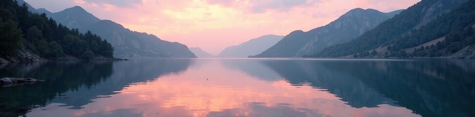 Gentle ripples disturb the lake's mirror-like surface at dawn with reflected trees and cliffs, serenity, landscape