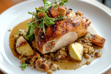 Roasted turkey, golden brown skin, surrounded by stuffing, garnished with greens, apples