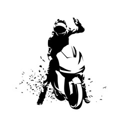 Road motorcycle racing. Biker celebrates victory, isolated vector silhouette, ink drawing. Motorbike sport logo