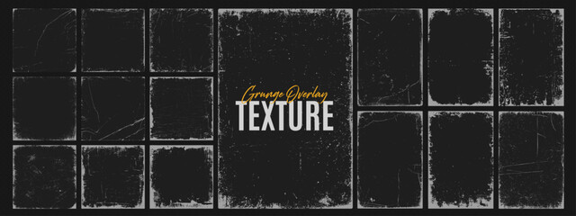 Collection of grunge overlay paper texture, damaged photo cover, retro torn or rip background, distressed ink paint brush stroke frame and dirty banner filter with uneven edge, splash and dust grain.