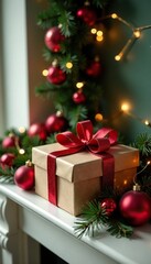 Gift box with ornaments and garlands on a festive mantel, garlands, gift boxes, holiday decor