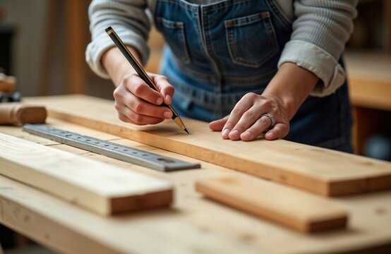 Female carpenter marks plank of wood on workbench in carpentry shop. Uses pencil, ruler for precise measurements. Tools, wood pieces visible on workbench. Woman works carefully, intently to ensure