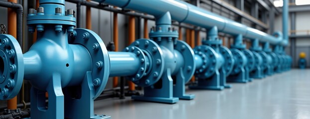Industrial water treatment facility shows large blue pipes, pumps. Modern tech equipment in boiler room. Infrastructure for water supply, treatment visible. Row of pumps, piping systems arranged for